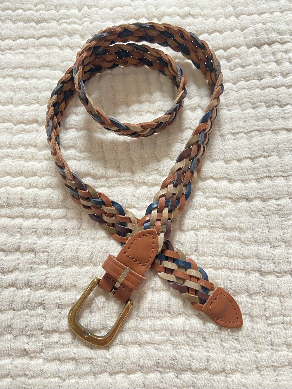 Vintage Braided Leather Waist Belt in Tan, Navy & Olive